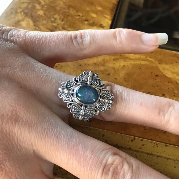 Australian Blue Opal Sterling Silver Ring Size 7 - Picture 3 of 8